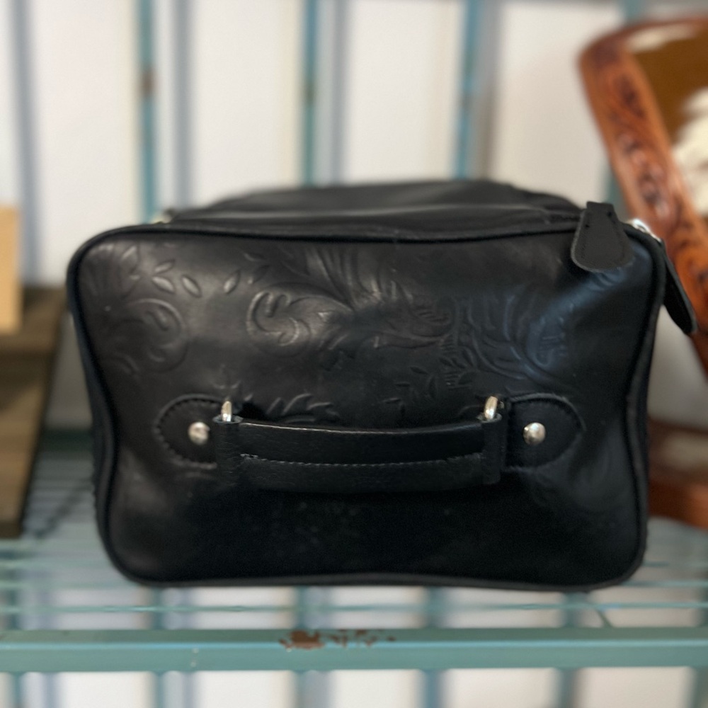 Black White Genuine Cowhide Embossed Leather Makeup Bag Travel Cosmetic Case - Picture 14 of 16